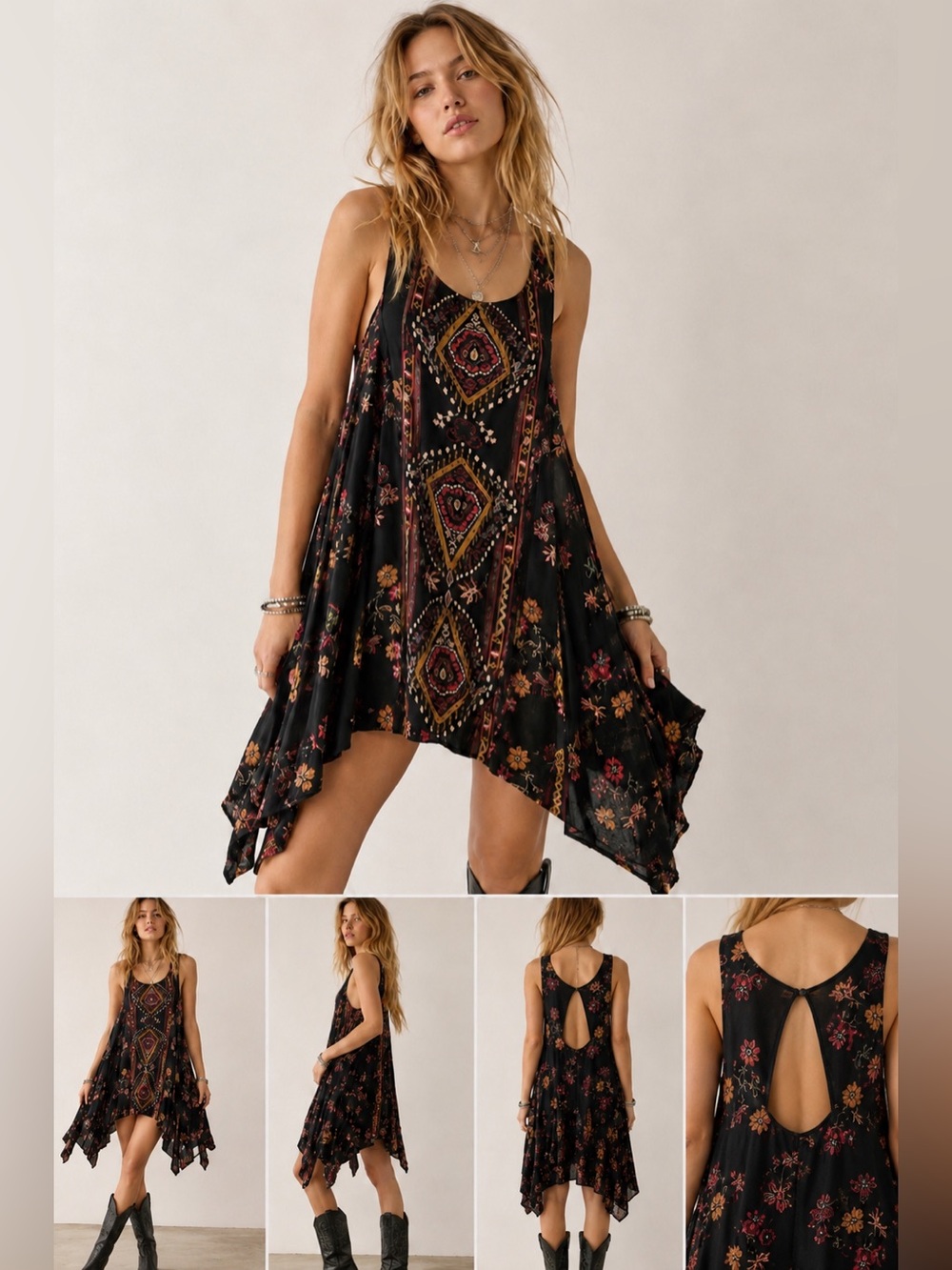 Free People Intimately Black Boho Swing Dress Pink Floral Print Medium